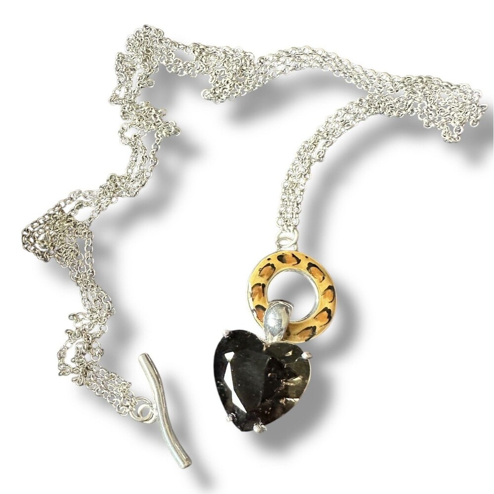 David Sigal 925 Sterling Silver Leopard Print Enamel Smoky Topaz Heart Necklace